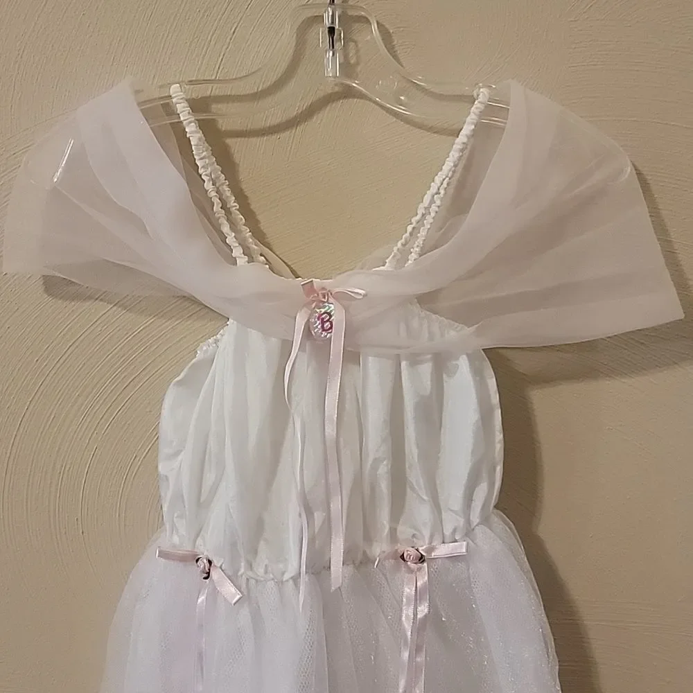 BARBIE LICENSED WHITE WITH PINK RIBBONS GOWN DRESS COSTUME, SIZE 4-6
